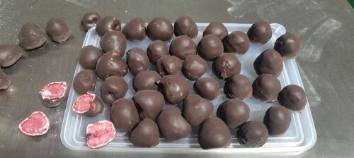 Cliente australiano vuelve a pedir 2 juegos después de un año de prueba: Nuestro Enrober entrega un revestimiento de chocolate de frambuesa sin cola