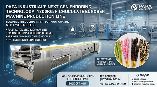Últimas noticias de la empresa sobre Papa Industrial Launches High-Capacity 1300kg/h Double Coating Chocolate Enrober Machine Line